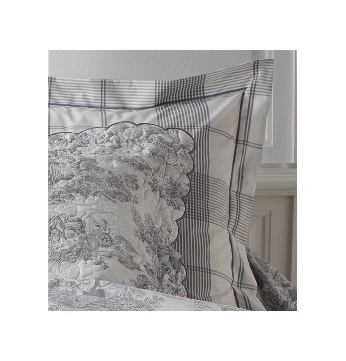 Taie d'oreiller percale de coton Pastorale argent - motifs carreaux