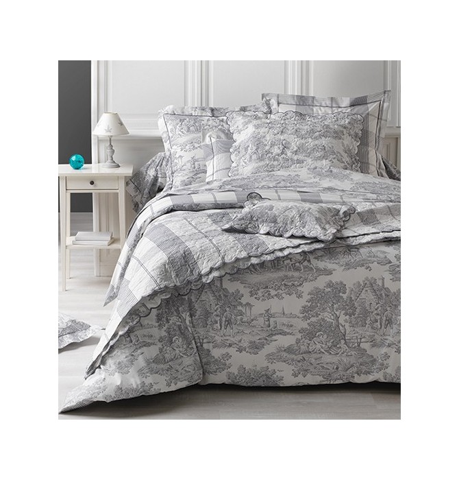 Couvre-lit Boutis Fanny & Céline 220x240cm - Percale 100% Coton Avec 2 Taies 65x65cm - Bleu