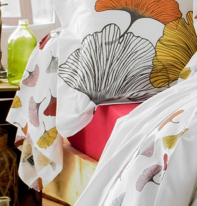 Drap-housse percale carmin Ginkgo rose Tradilinge