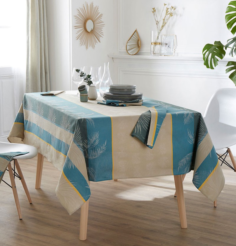 Nappe jacquard enduite Palmier lagon Tradilinge