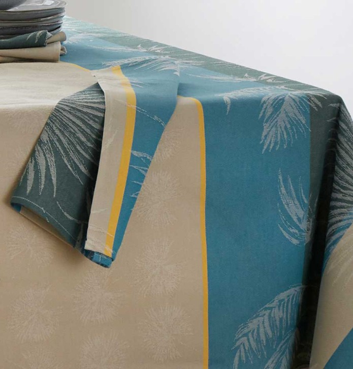 Nappe jacquard enduite Palmier lagon Tradilinge - Blancollection