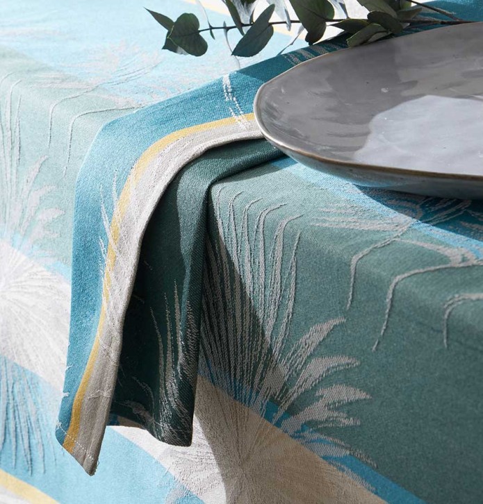 Nappe jacquard enduite Palmier lagon Tradilinge - Blancollection