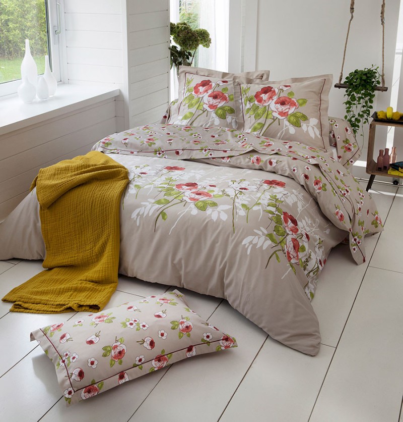 Housse de couette satin de coton roseraie ficelle 260x240cm - tradilinge