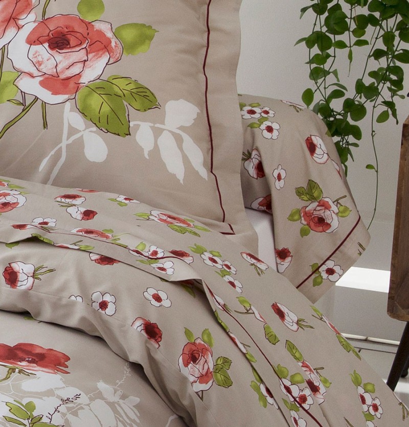 Taie de traversin satin de coton roseraie ficelle 86x140cm - tradilinge