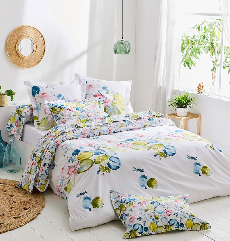 Housse de couette percale nénuphar aqua 300x240cm - tradilinge