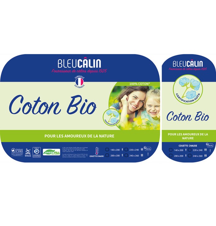 Couette coton bio 400g/m2 Bleu Calin - Blancollection