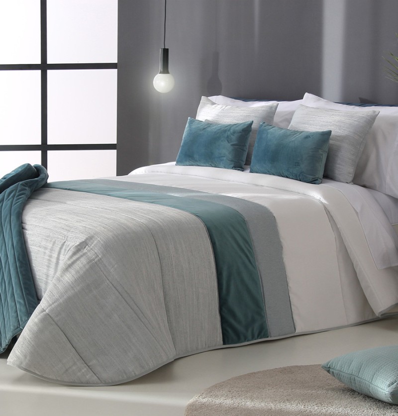 Couvre-lit matelassé jacquard et ses housses coussins adkins bleu 280x270cm - reig marti