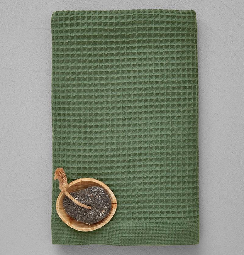 Drap de douche nid d'abeille Bain de minuit vert Sylvie Thiriez