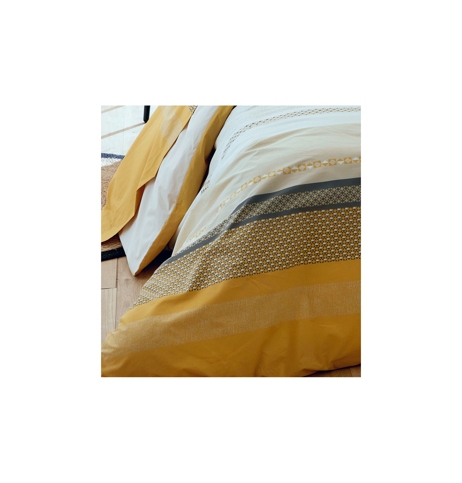 Housse De Couette Percale 100% Coton Linnea 140x200 Cm - Collection Marlow, Coloris Miel, Motif Rayures Réversible