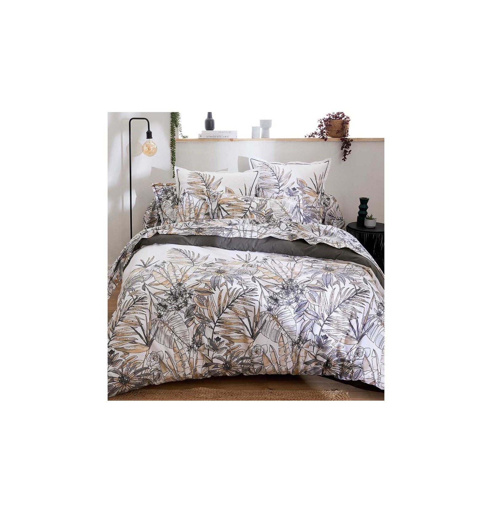 Housse De Couette Sumatra 300x240 Cm - 100% Coton, Motif Feuillages Gris Fusain - Réversible Et Fabriquée En France - 5