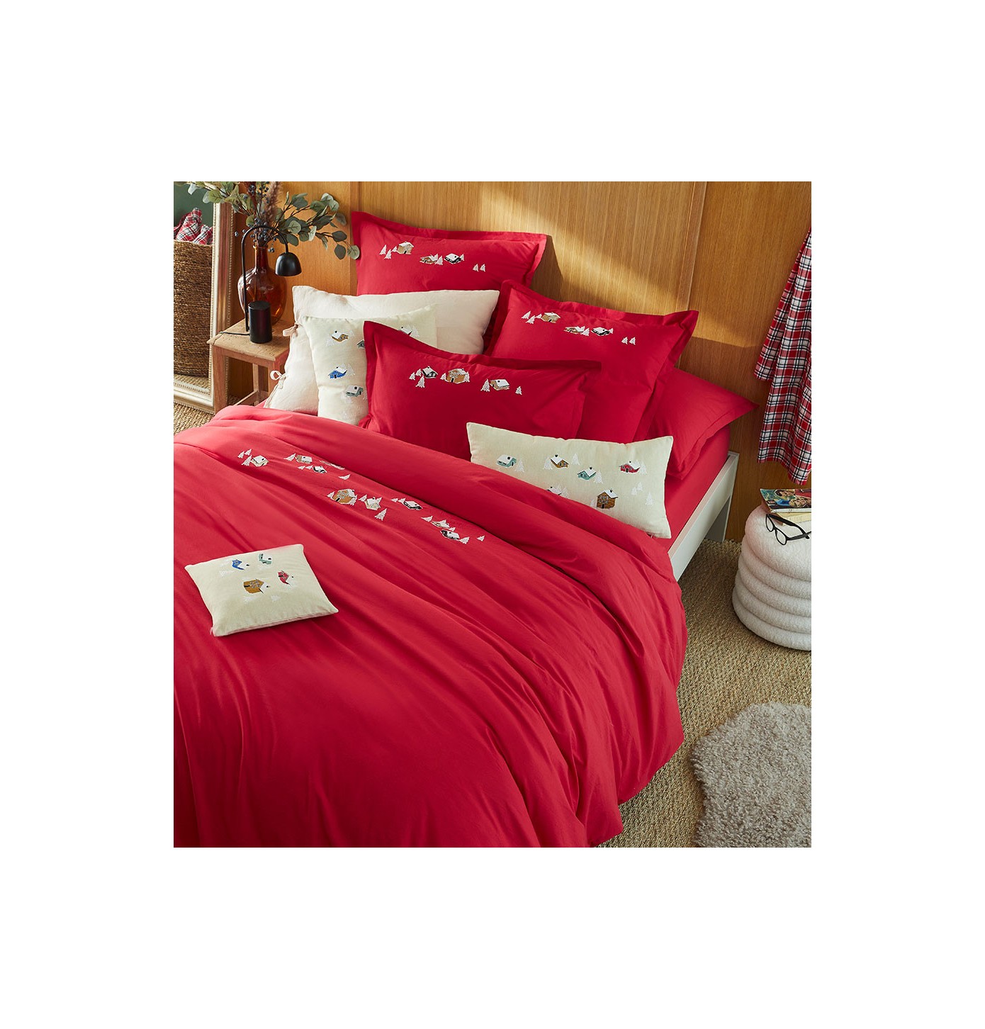 Housse de couette rouge en percale de coton 240x260 Corail | Maisons du