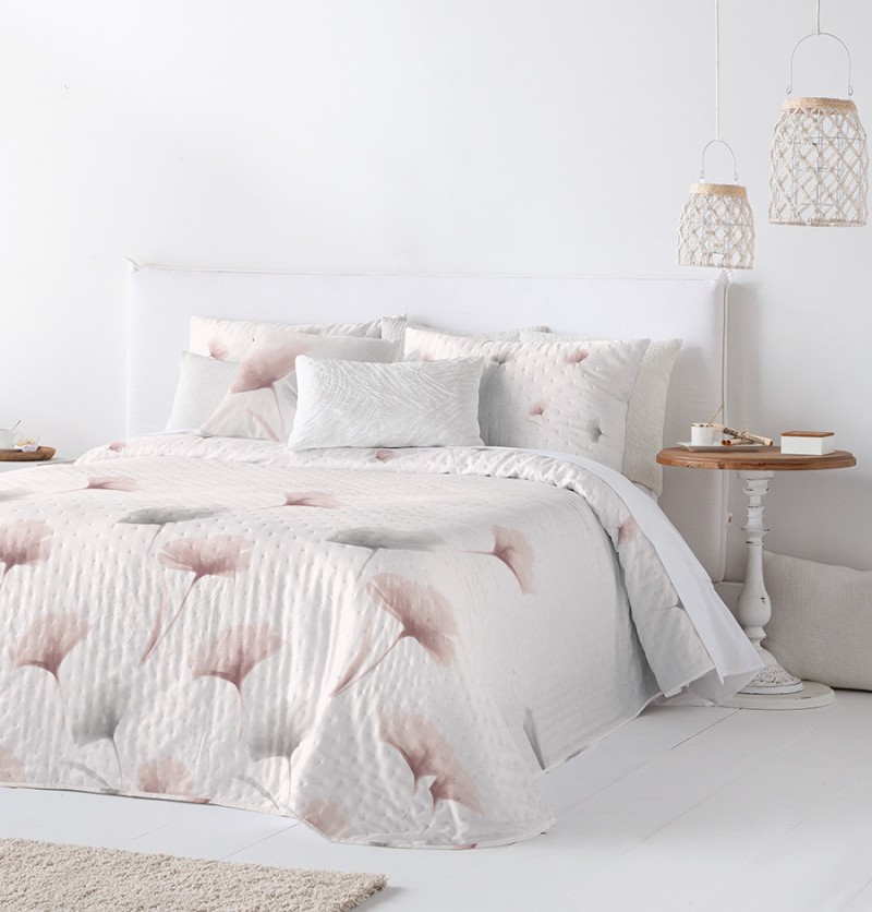 Couvre-lit matelassé et ses housses coussins claris vieux rose 180x270cm - antilo