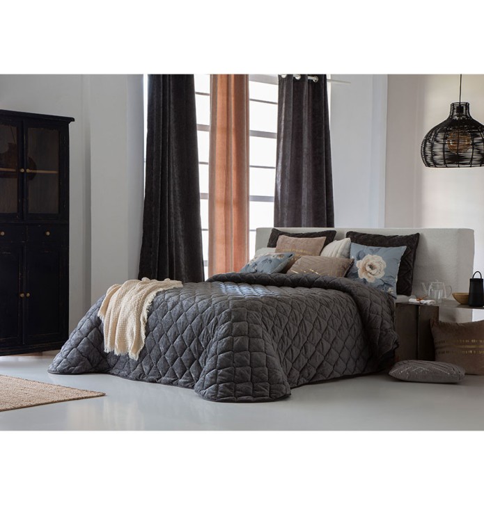 Couvre-lit velours matelassé Siena anthracite Antilo - Blancollection