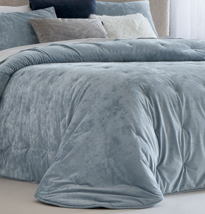 Couvre-lit velours matelassé Mirabela bleu gris Antilo - Blancollection