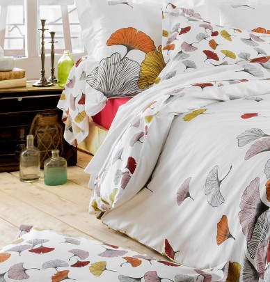 Parure housse de couette + taie percale Ginkgo rose Tradilinge