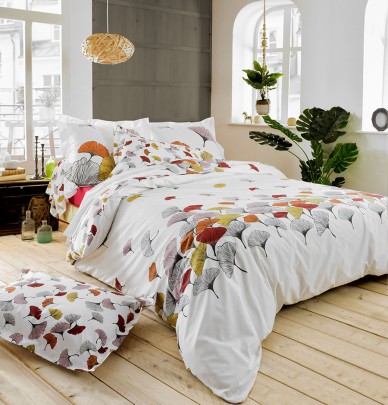 Parure housse de couette + taie percale Ginkgo rose Tradilinge