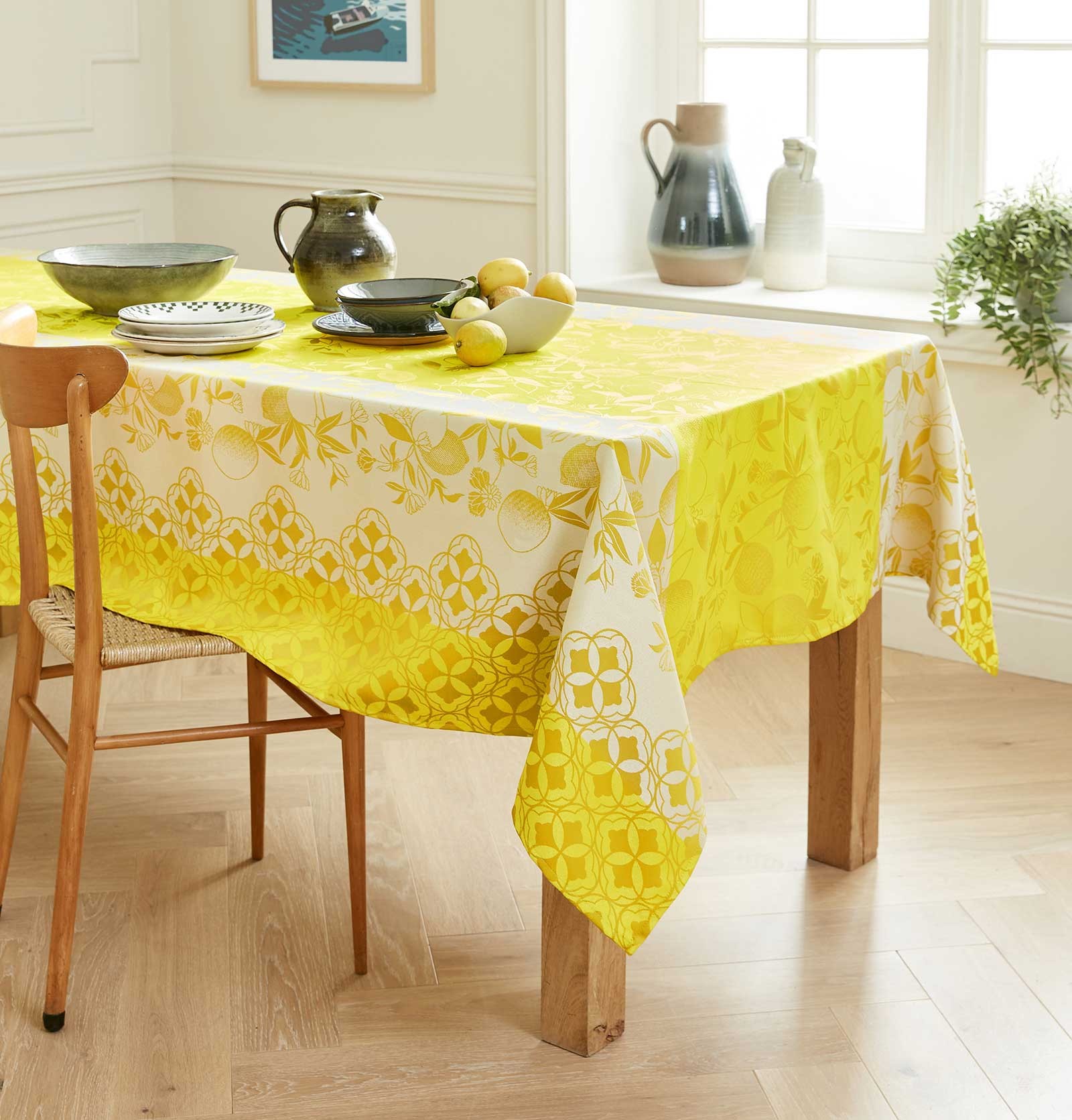 Lot De 2 Nappes à Thé Carrées 90cm Côtés Jacquard Rayé Jaune Et Vert - 100% Coton Lavable