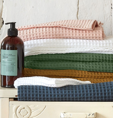 Draps de douche nid d'abeille Bain de minuit Sylvie Thiriez