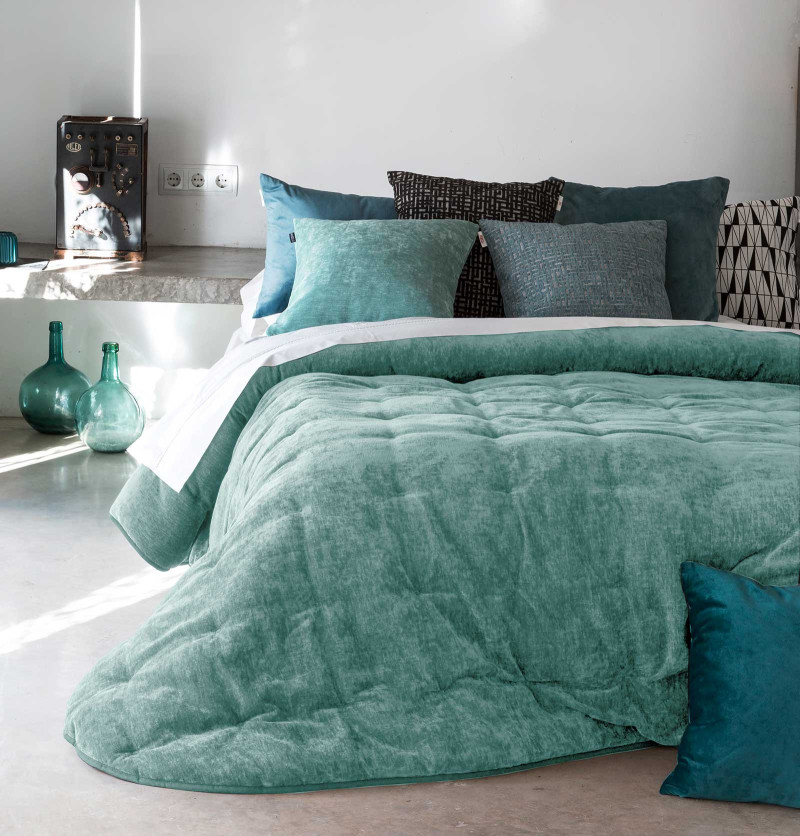Couvre lit velours matelassé Détroit vert turquoise Antilo