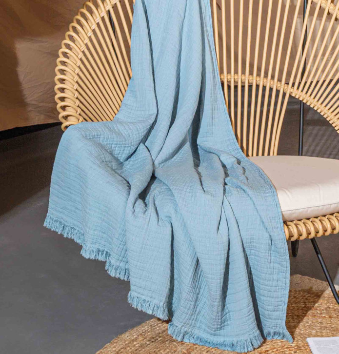 Couvre-lit gaze de coton Bréhat bleu orage Toison d'Or - Blancollection