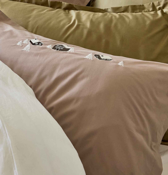 Parure de lit percale Au Coeur de la Vallée taupe Sylvie Thiriez - Blancollection