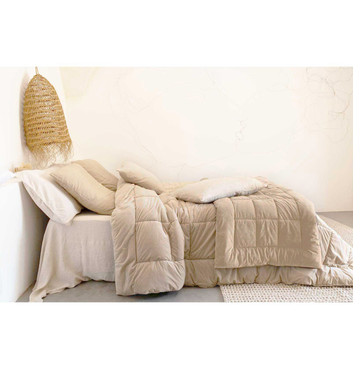Chemin de lit velours Moki naturel Vent du Sud - Blancollection